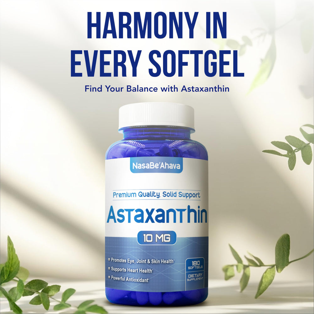 NasaBeahava Astaxanthin 180-day supply on a countertop for long-term use.