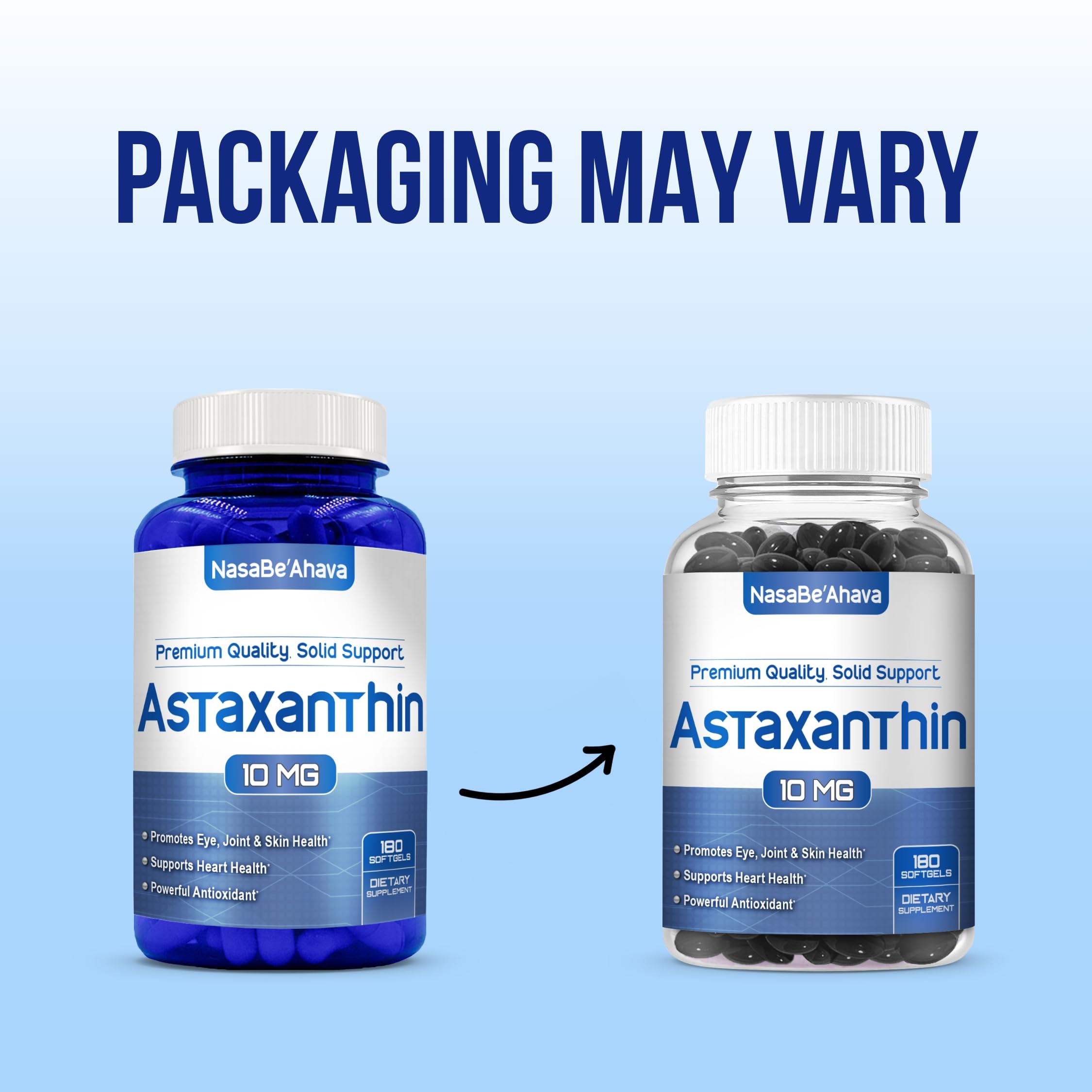 Close-up of NasaBeahava Astaxanthin capsules showing softgel form.