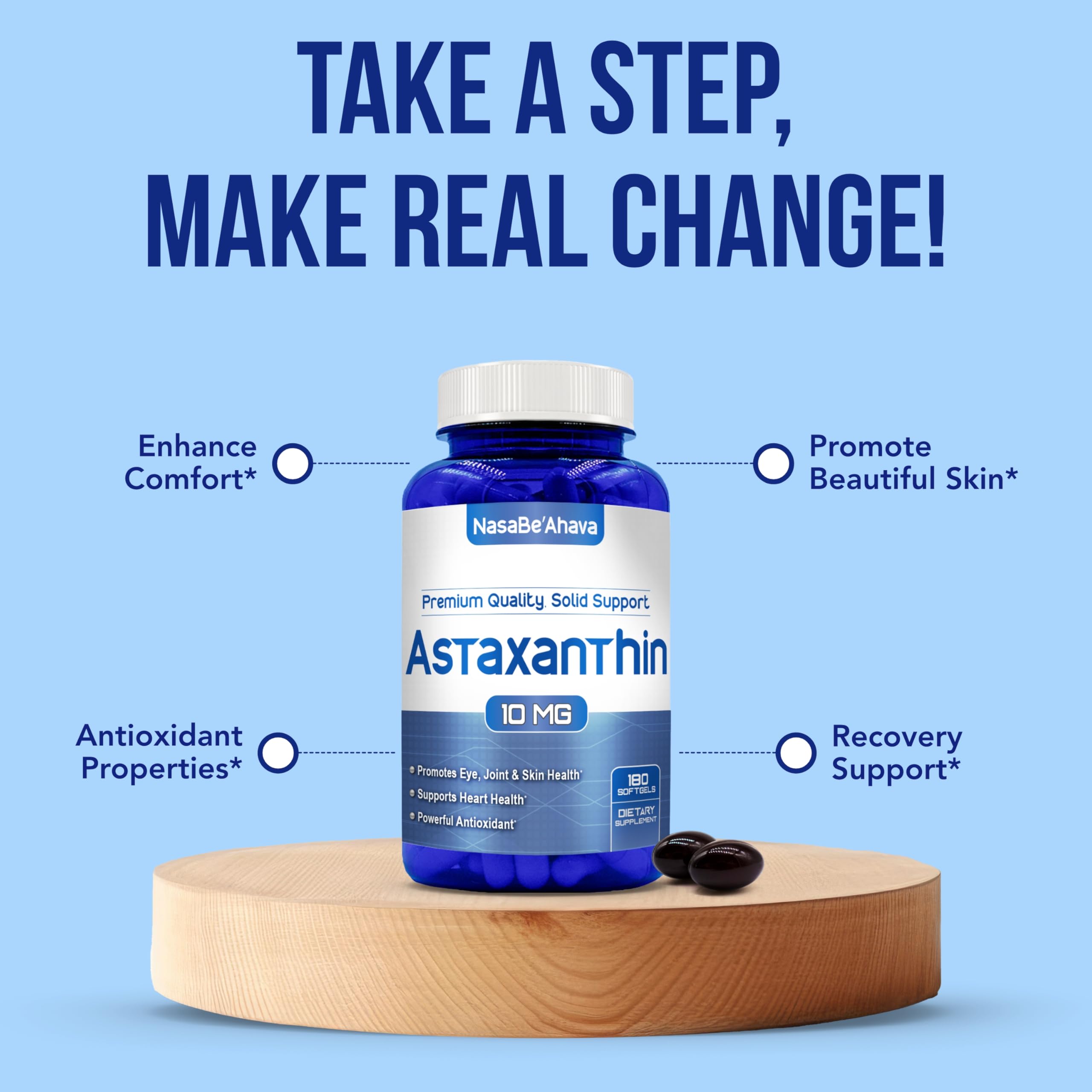 NasaBeahava Astaxanthin in a daily routine setup with bottle and glass.