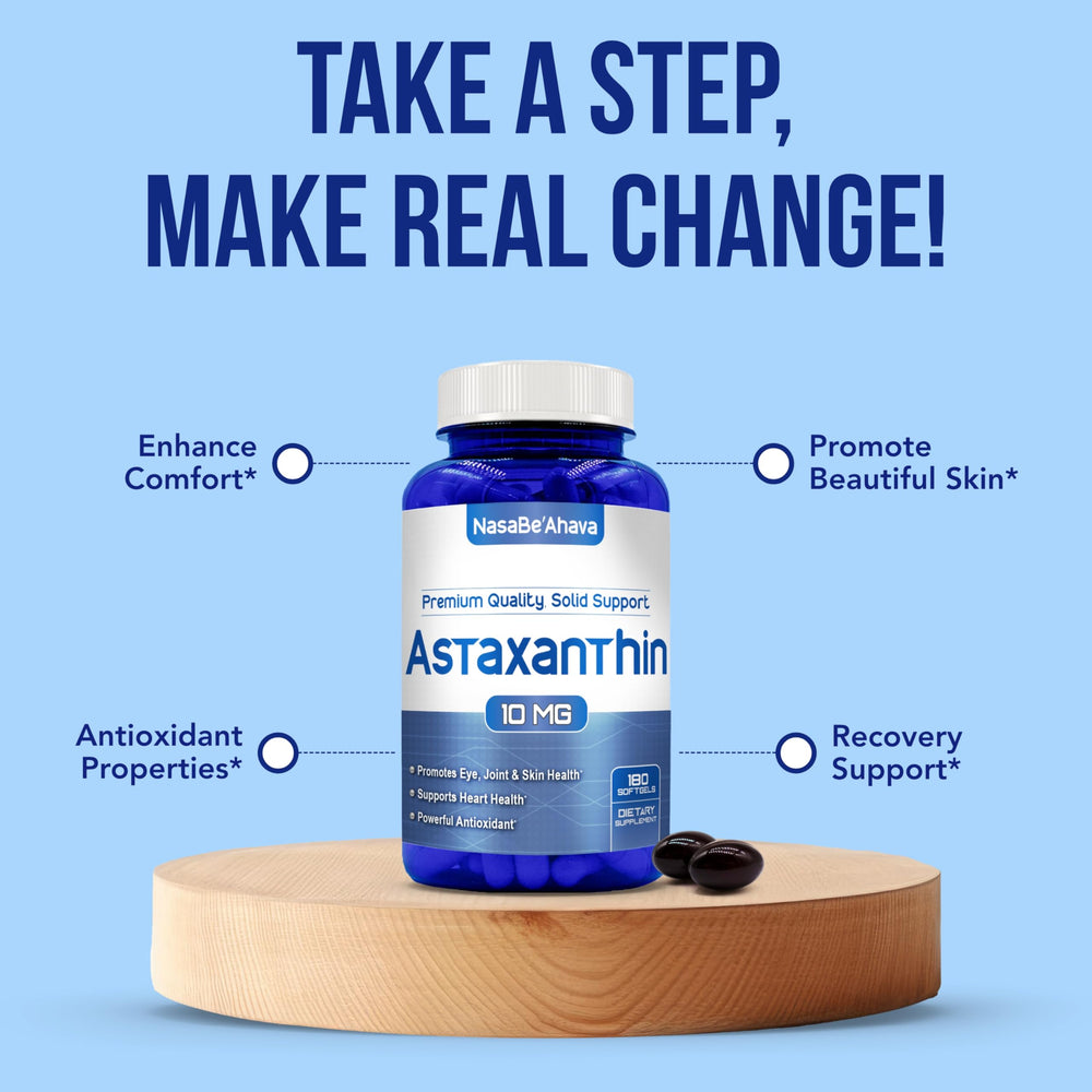 NasaBeahava Astaxanthin in a daily routine setup with bottle and glass.