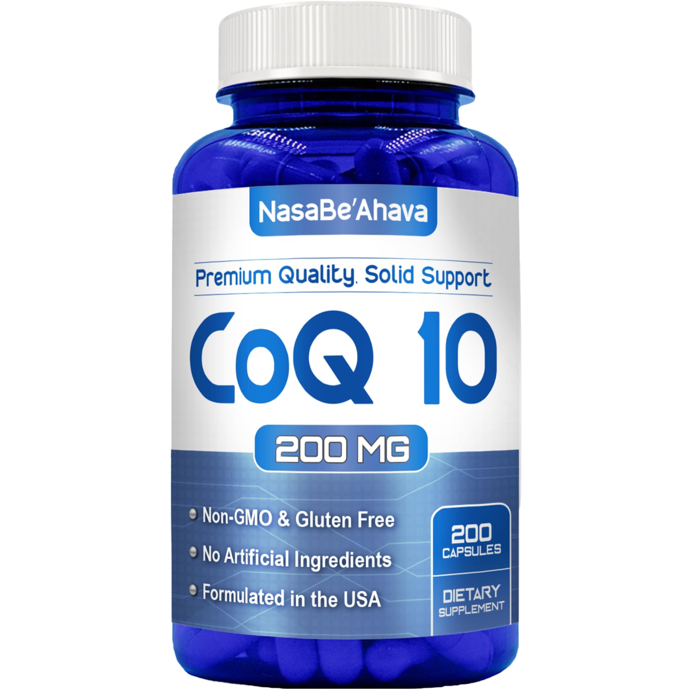 NasaBeahava CoQ10 bottle front view highlighting 200 mg capsules for daily energy support