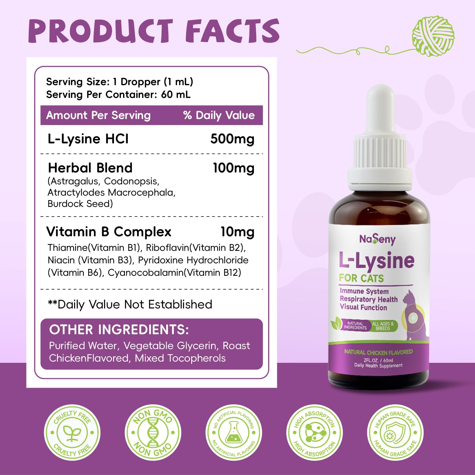 NaSeny L-Lysine chicken-flavor drops appeal to picky cats.