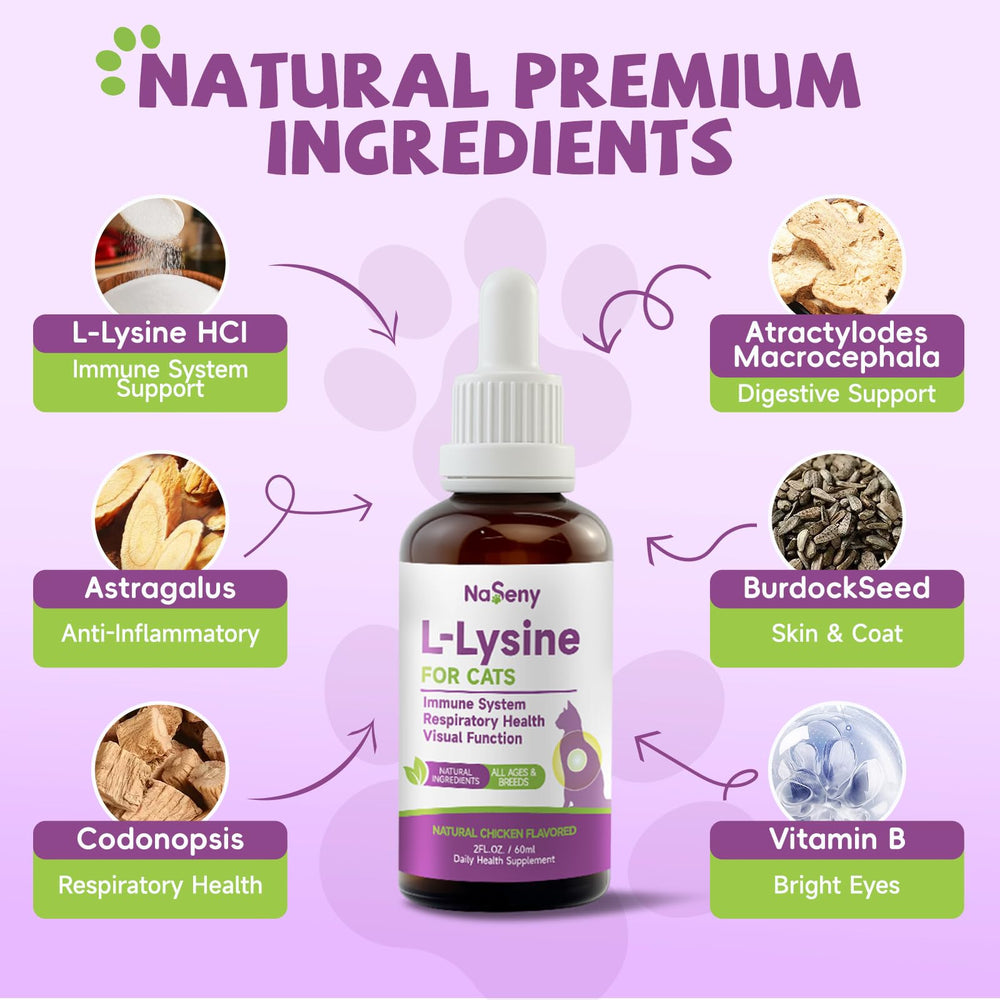 NaSeny L-Lysine drops mixed into meals eases administration.