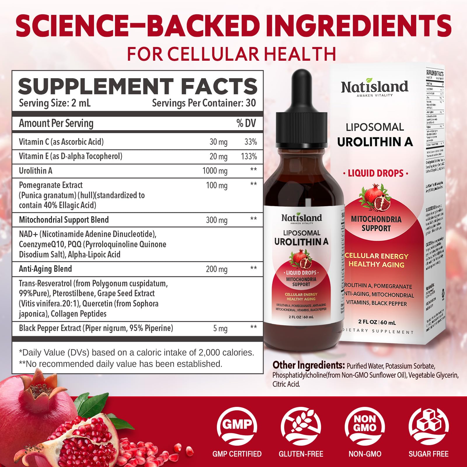NATISLAND Liposomal Urolithin A Drops label highlights antioxidant ingredients