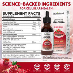 NATISLAND Liposomal Urolithin A Drops label highlights antioxidant ingredients