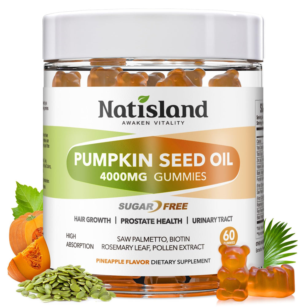 NATISLAND pumpkin seed oil gummies bottle showing convenient daily chew for hair and urinary wellness.