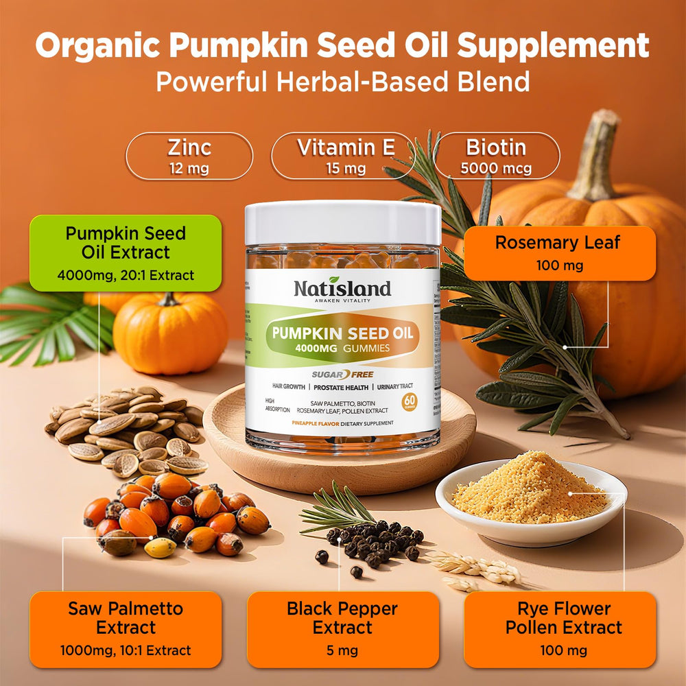 NATISLAND gummies ingredients panel shows pumpkin seed oil and biotin for hair health.