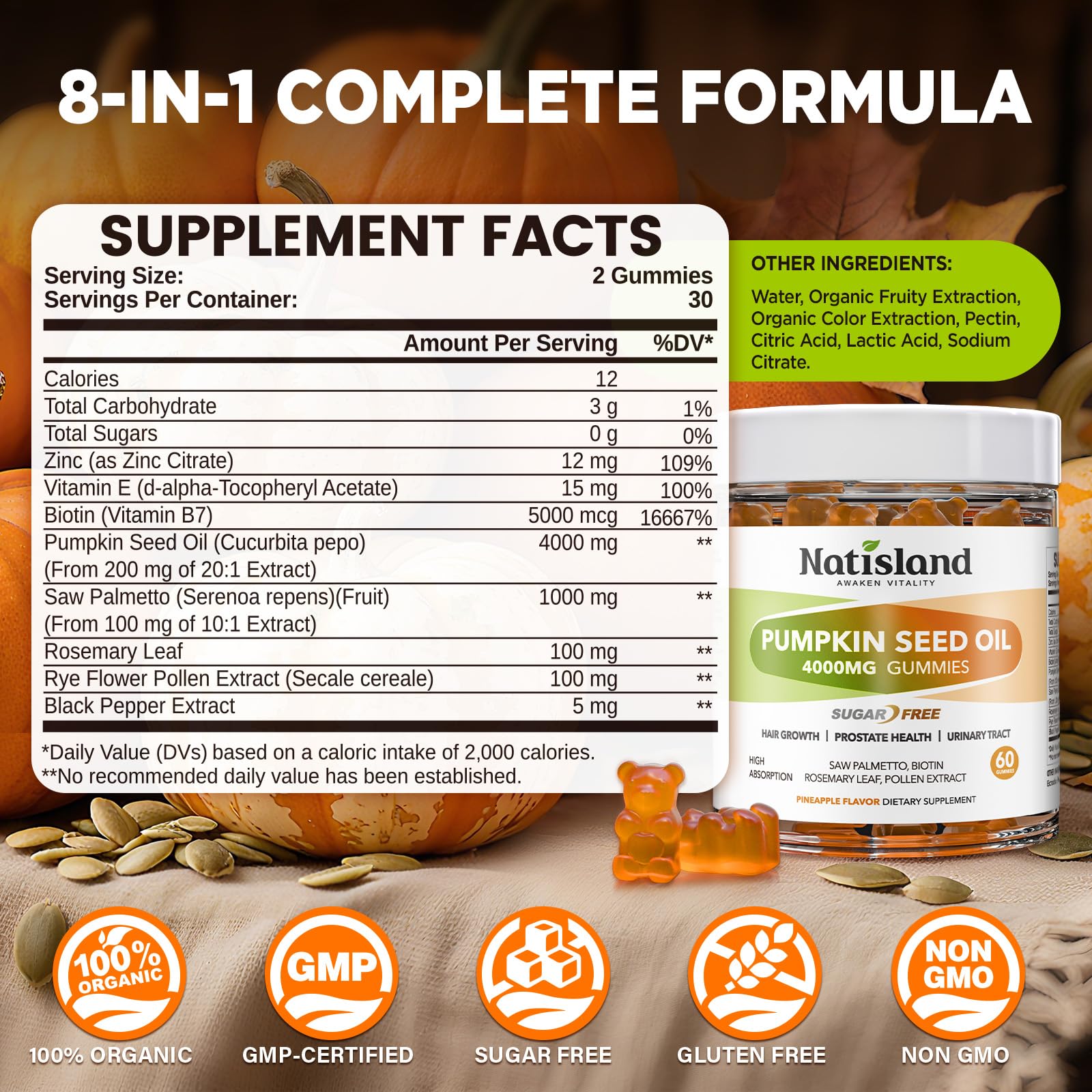 NATISLAND gummies label highlights vegan sugar-free formula for easy daily use.