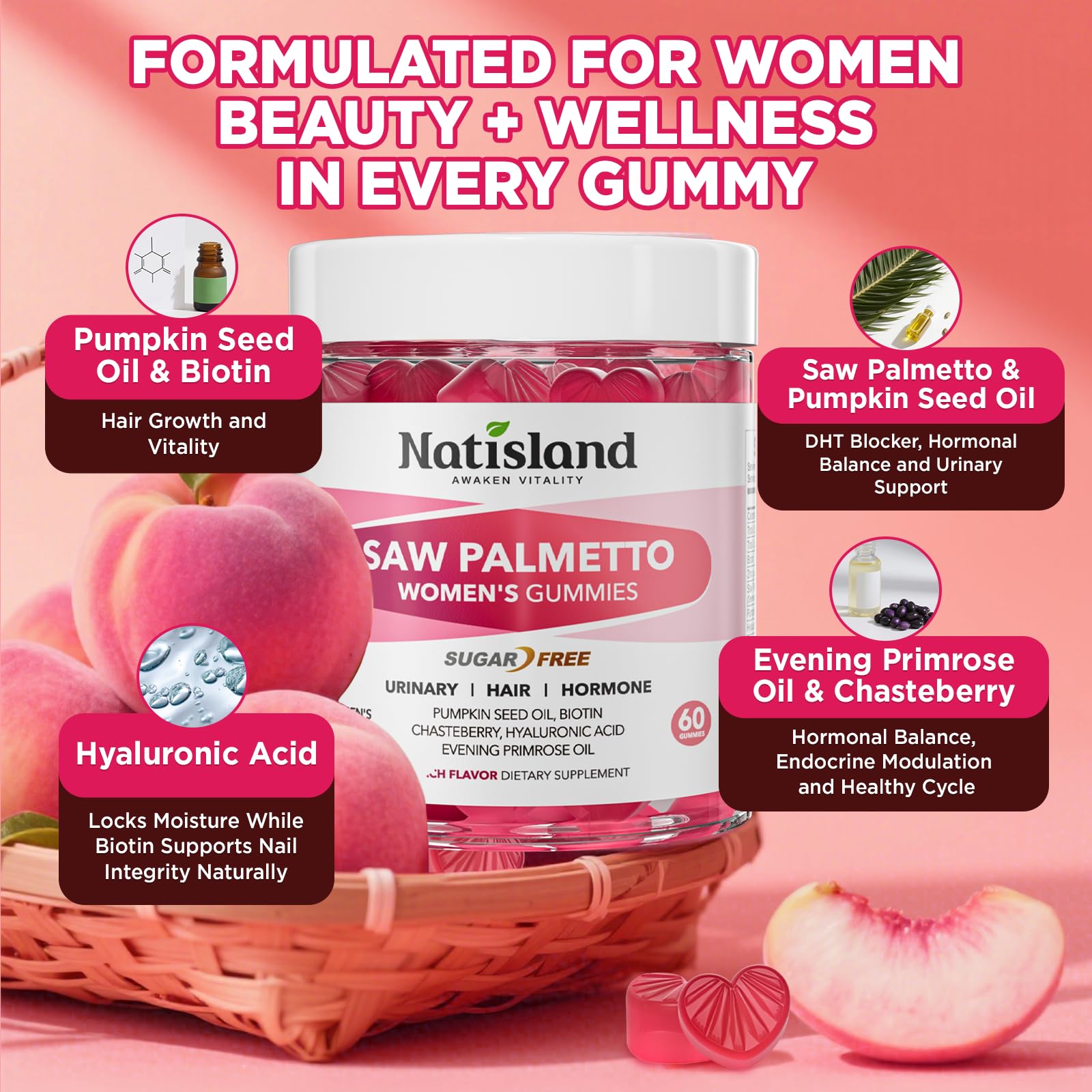 NATISLAND Saw Palmetto packaging highlights vegan, sugar-free formula with pumpkin seed oil.