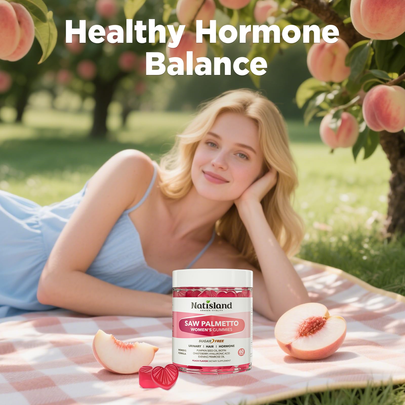 NATISLAND Peach flavored gummies offer a tasty, sugar-free daily wellness option.