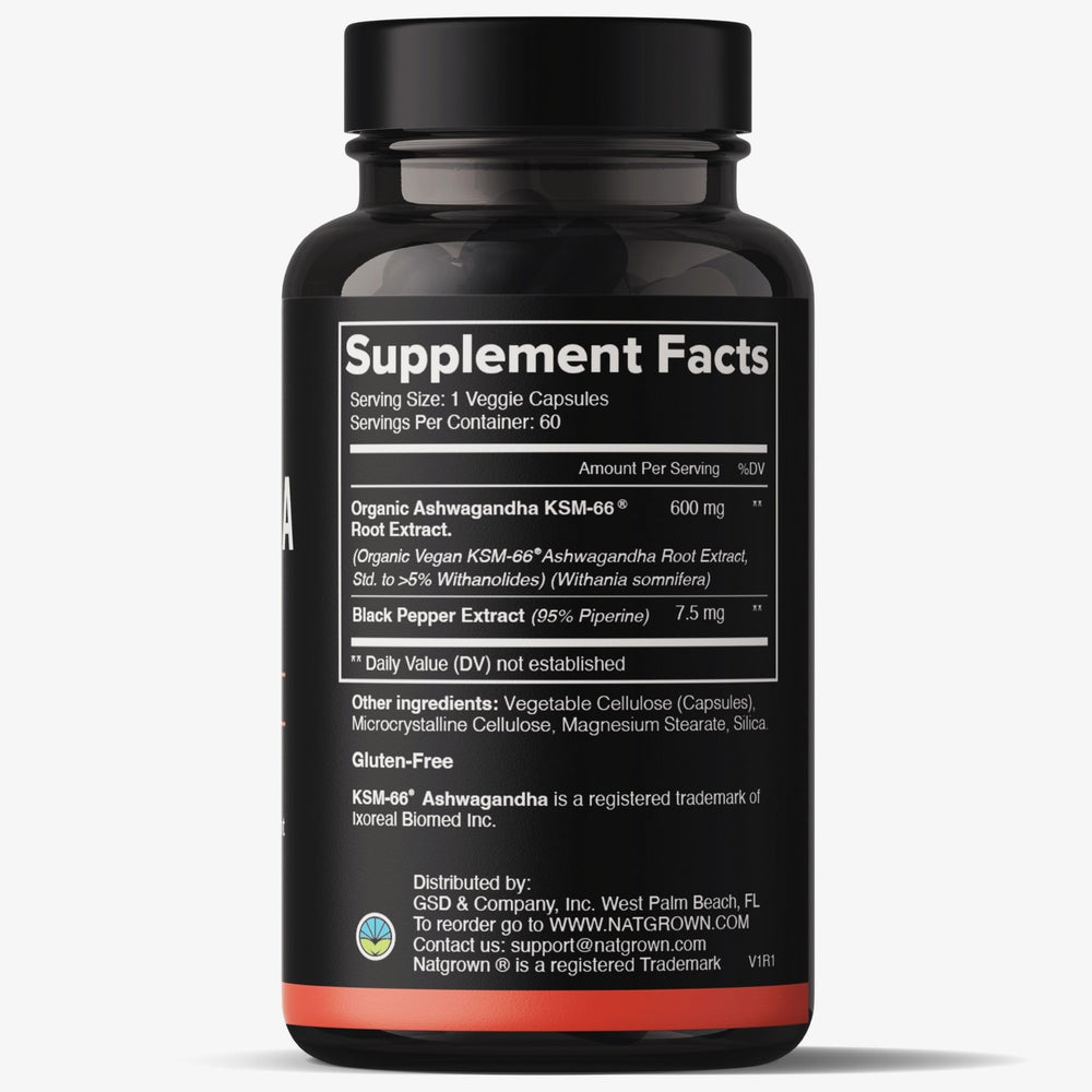 Natgrown Ashwagandha KSM66 capsules close-up highlighting potent 600 mg dose for focus.