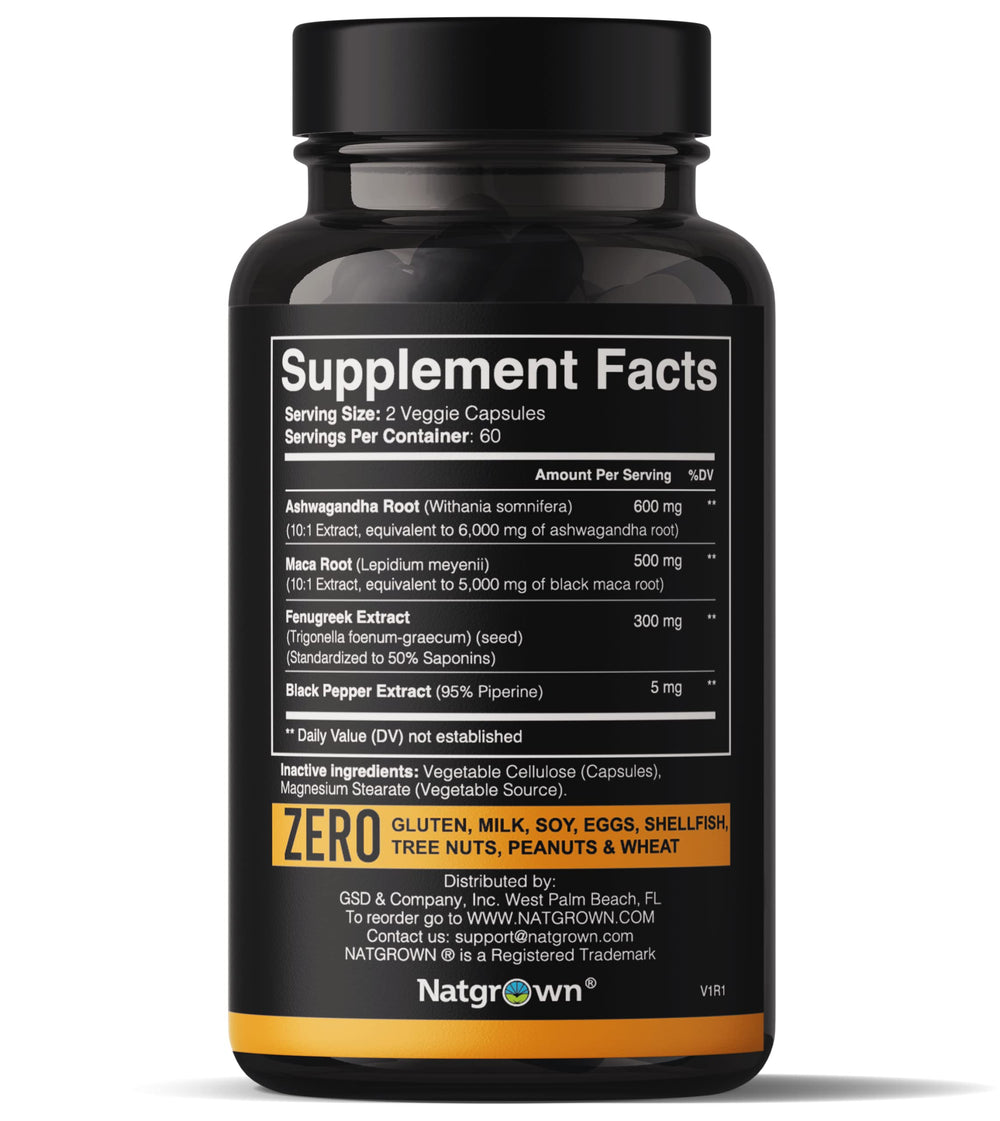 Natgrown capsules display Ashwagandha-Maca mix for sustained energy support