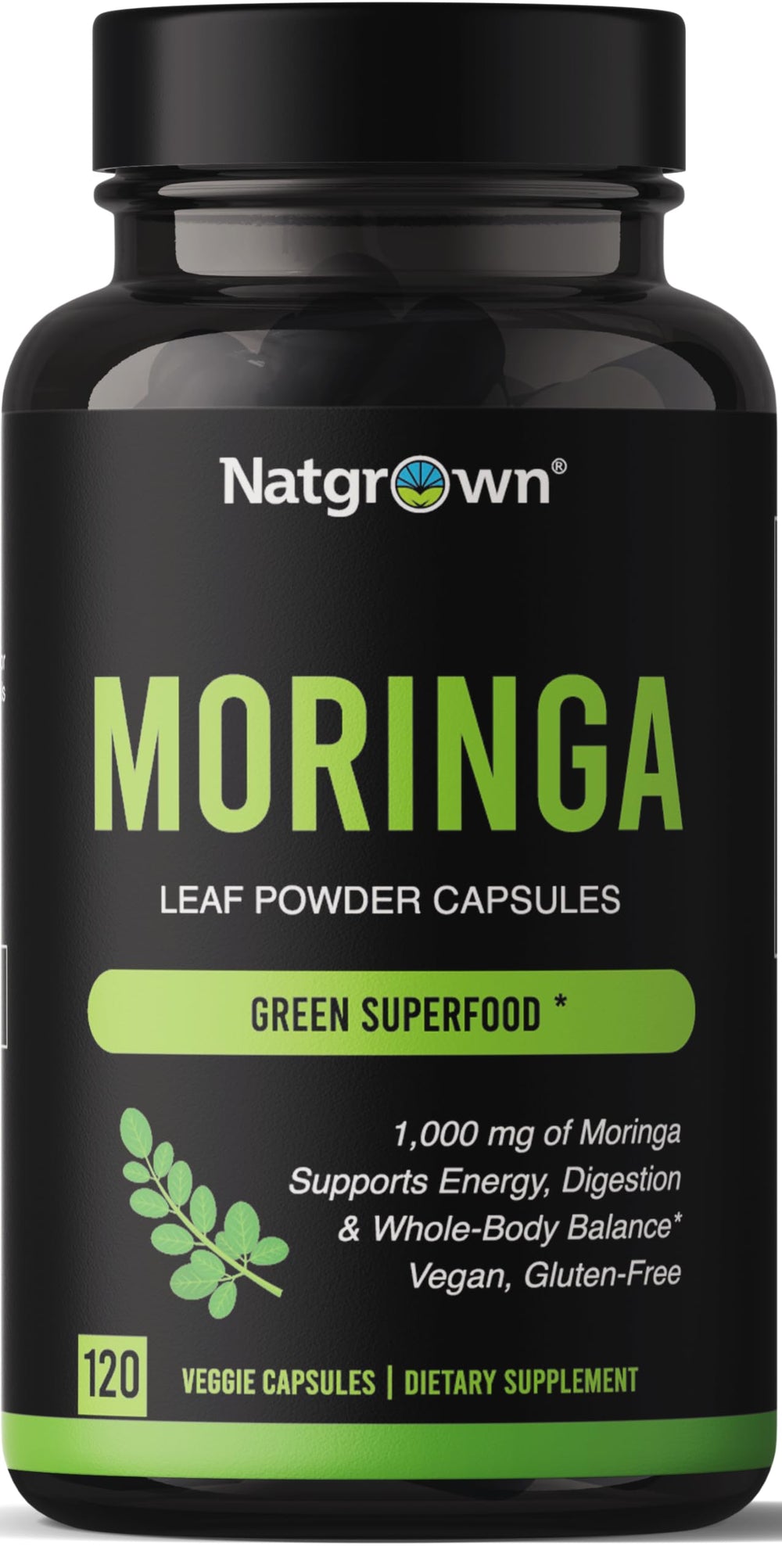 Natgrown Moringa capsules bottle displays 1000 mg per serving for daily energy support.