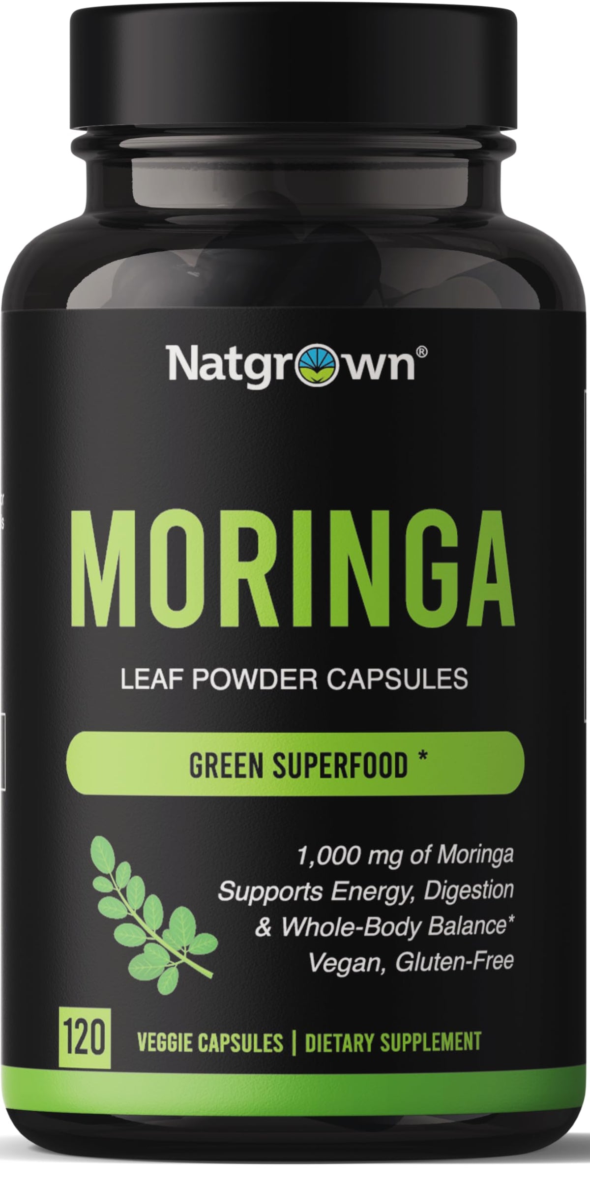Natgrown Moringa capsules bottle displays 1000 mg per serving for daily energy support.
