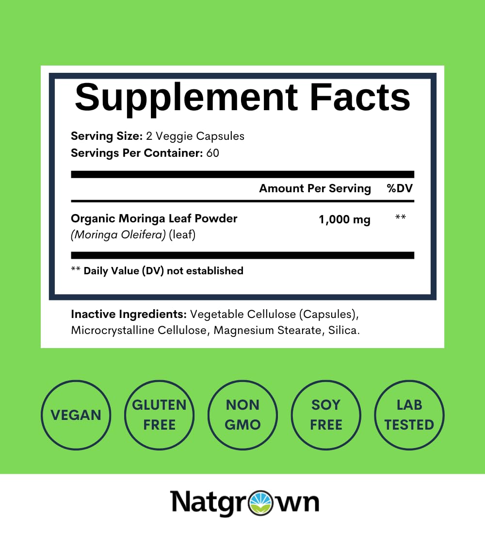 Natgrown moringa leaf powder close-up showing natural, organic content.