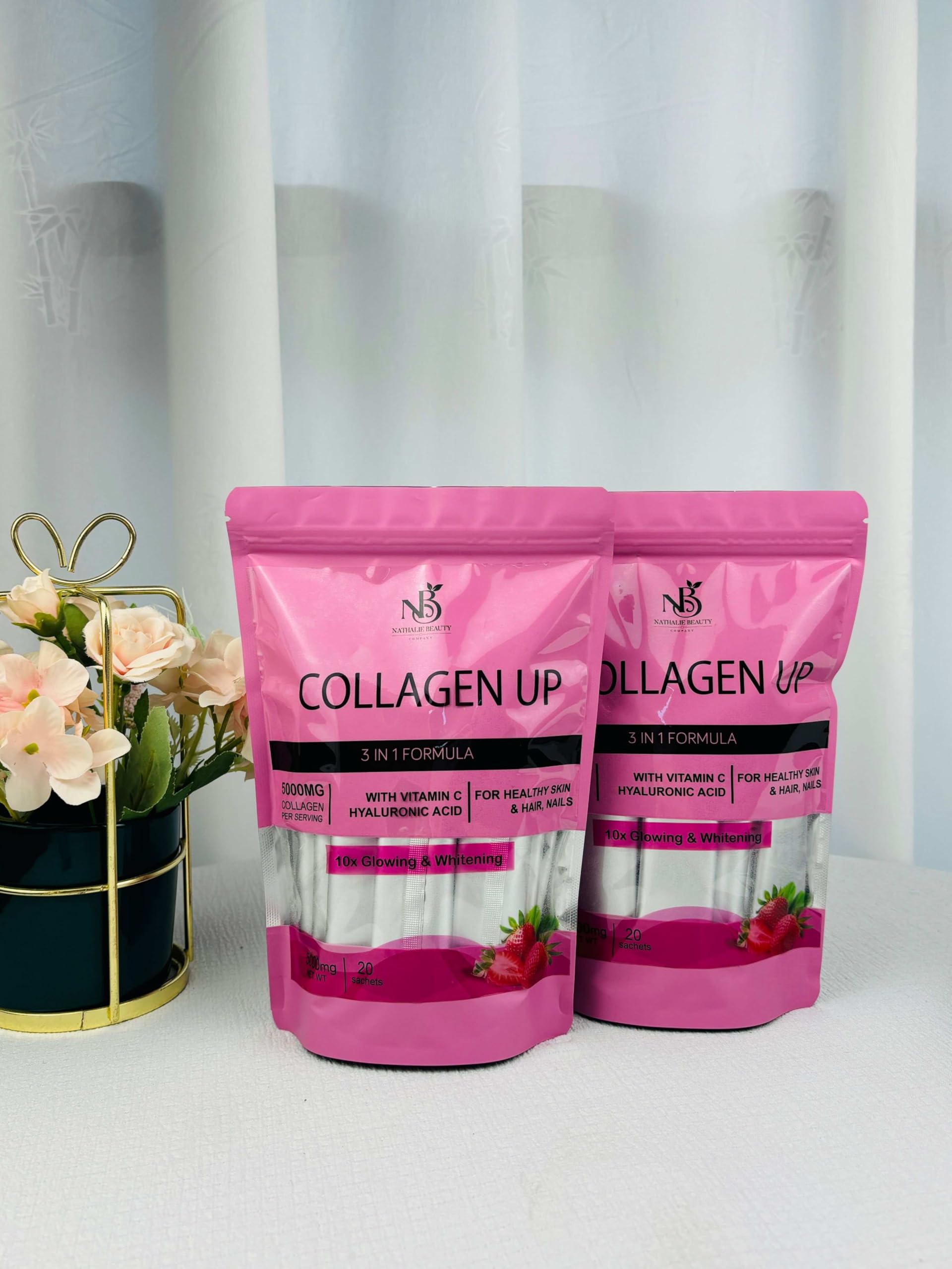 Nathalie Beauty Collagen Up drink served in glass for radiant skin support