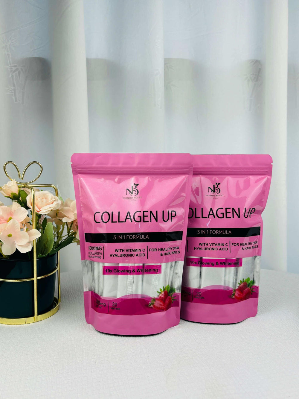 Nathalie Beauty Collagen Up drink served in glass for radiant skin support