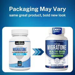 Naticura Migratone bottle side label showing ingredients and badge