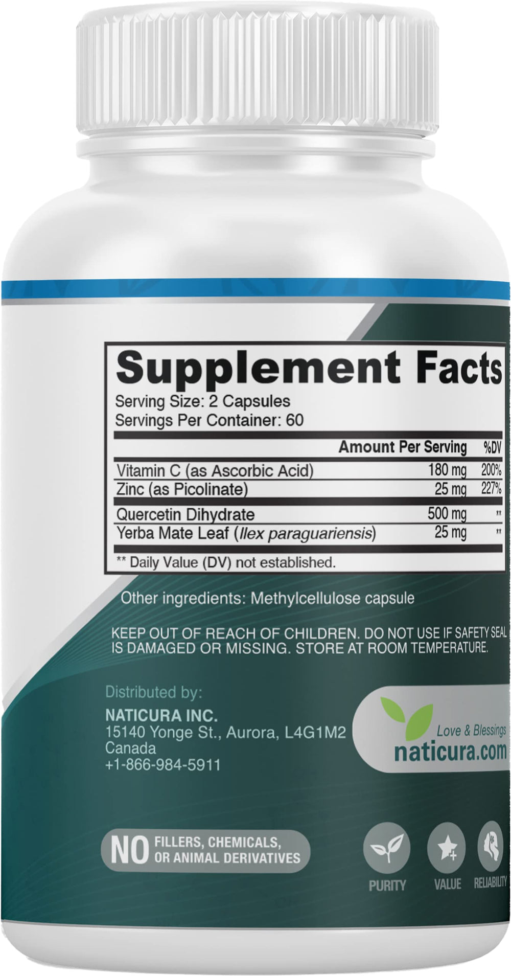 Naticura Zinc Quercetin label highlighting the 4-in-1 formula.