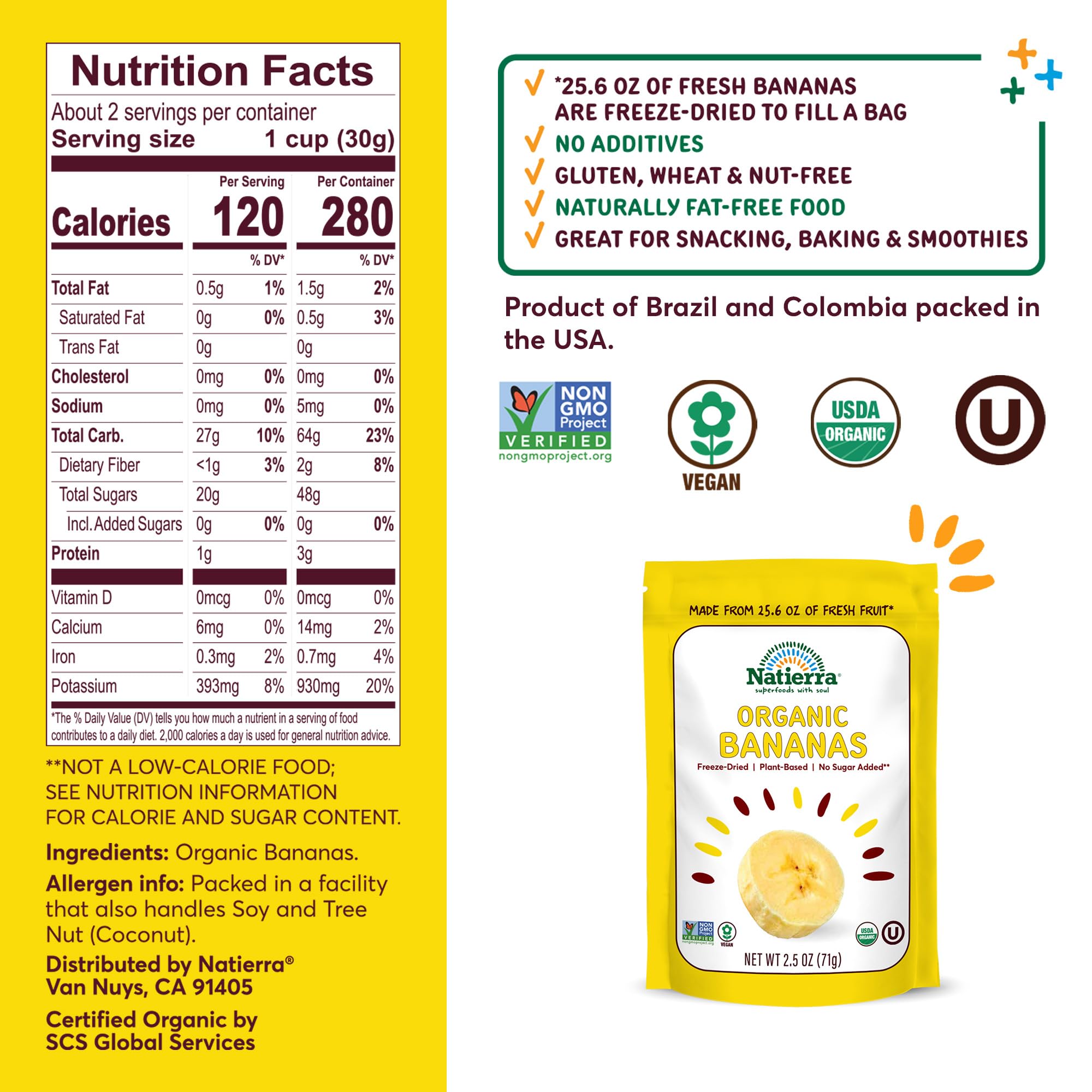 Natierra Organic Freeze-Dried Bananas pack shot, premium organic snack