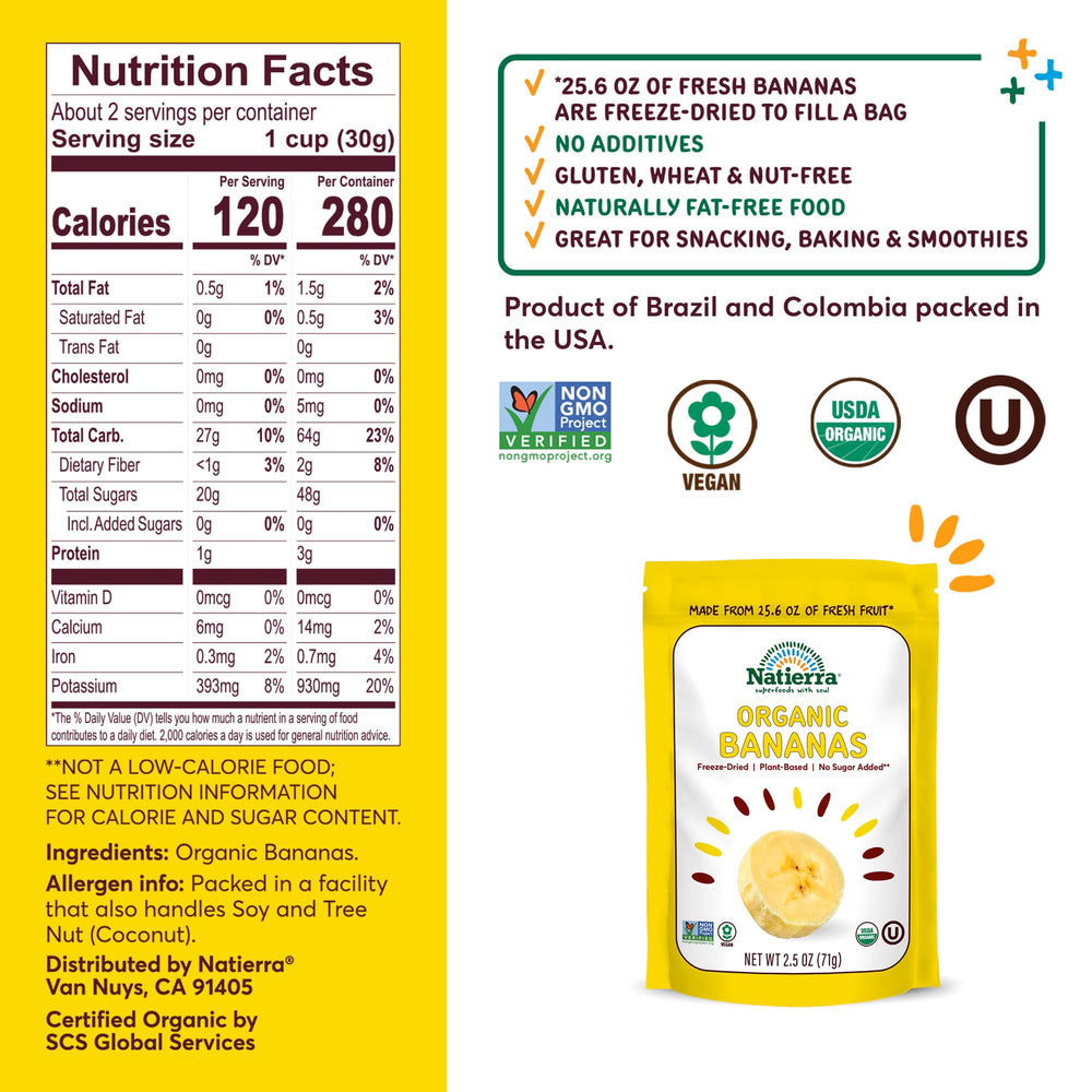 Natierra Organic Freeze-Dried Bananas pack shot, premium organic snack