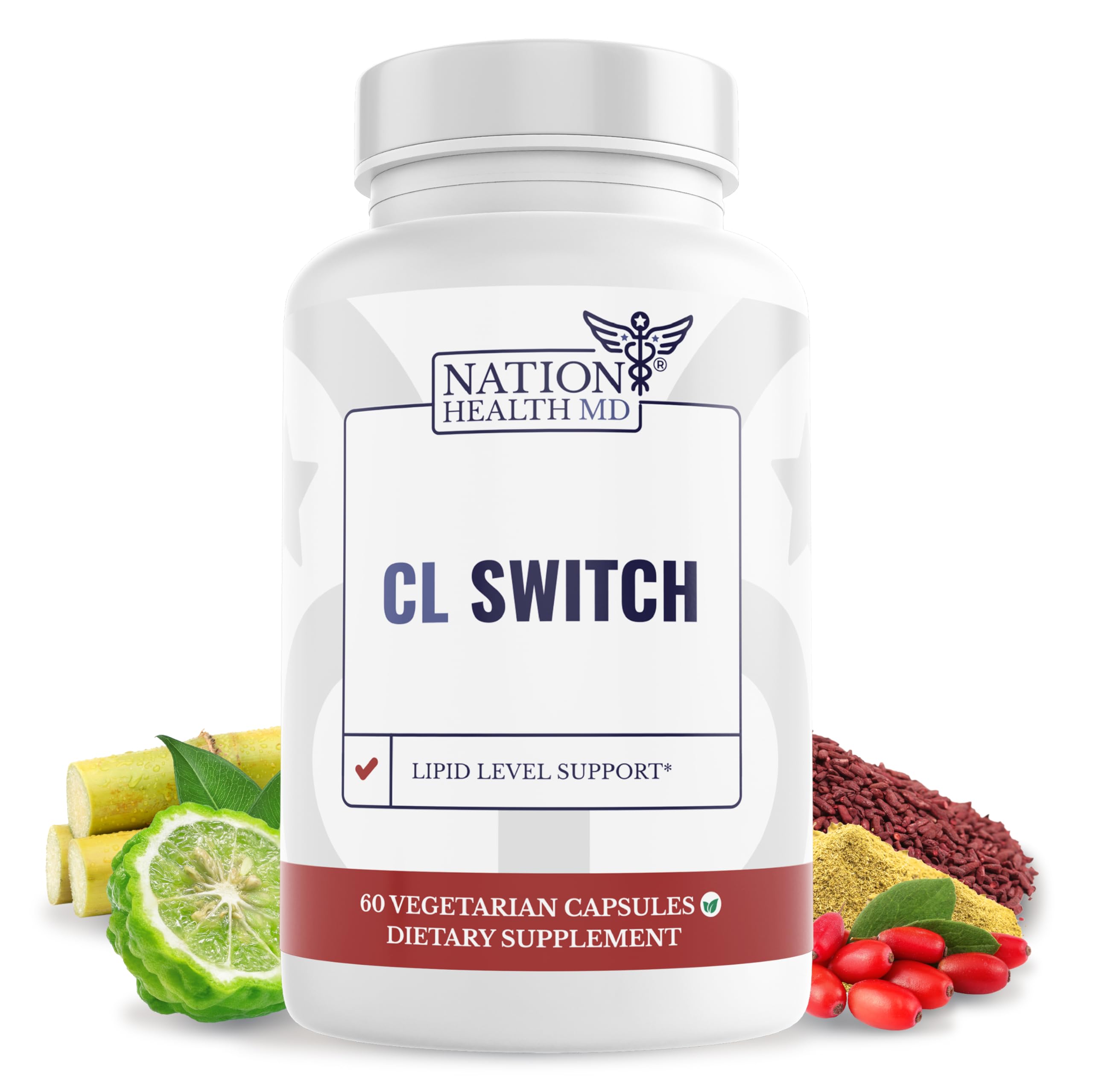 Nation Health MD CL Switch bottle front shows a heart-friendly formula with bergamot.