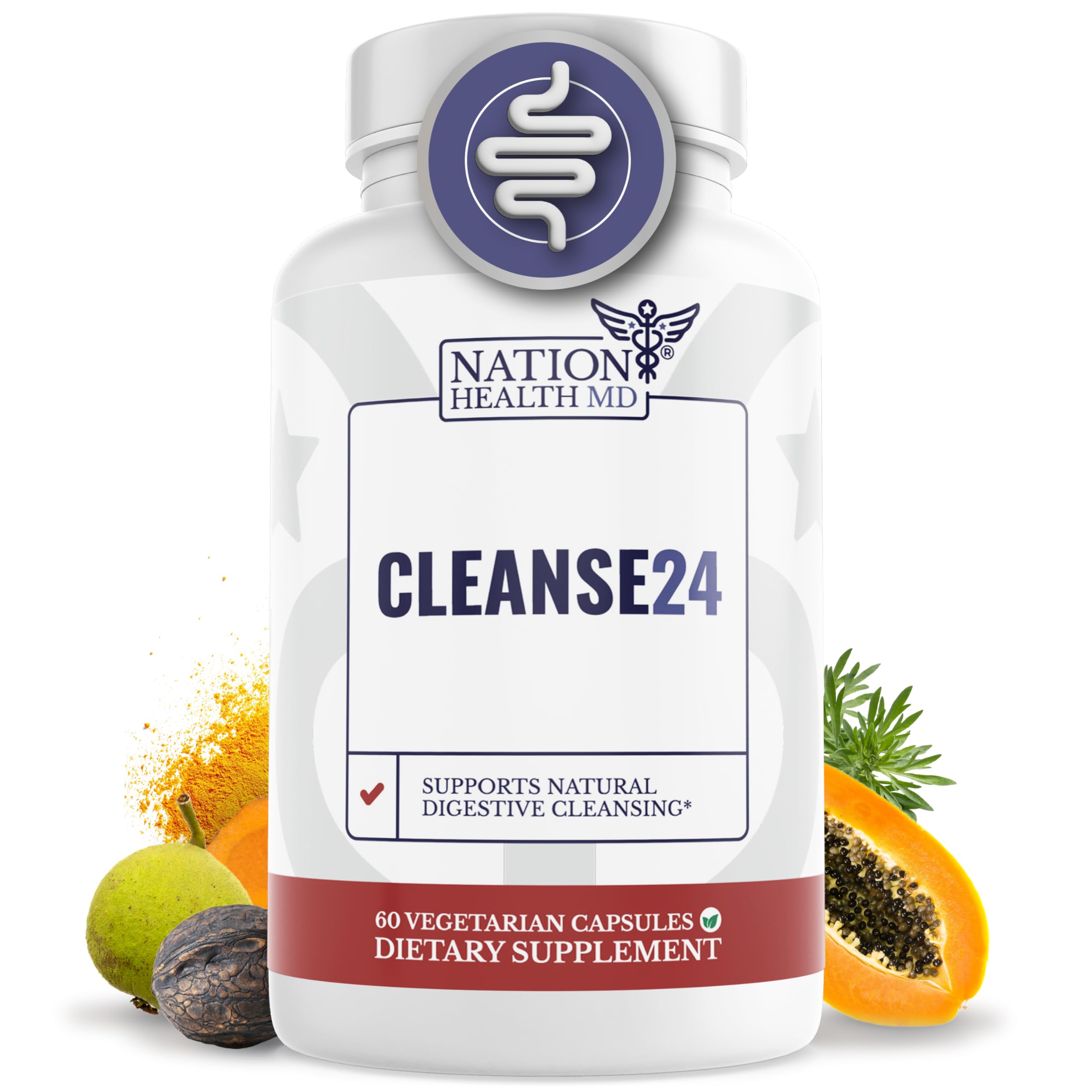 NATION HEALTH MD Cleanse24 bottle front with capsules for daily gut support