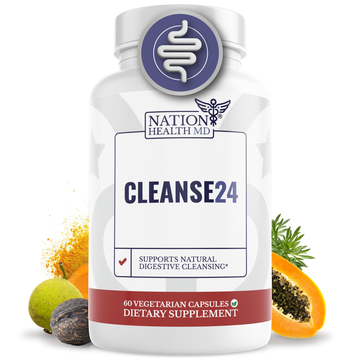 NATION HEALTH MD Cleanse24 bottle front with capsules for daily gut support