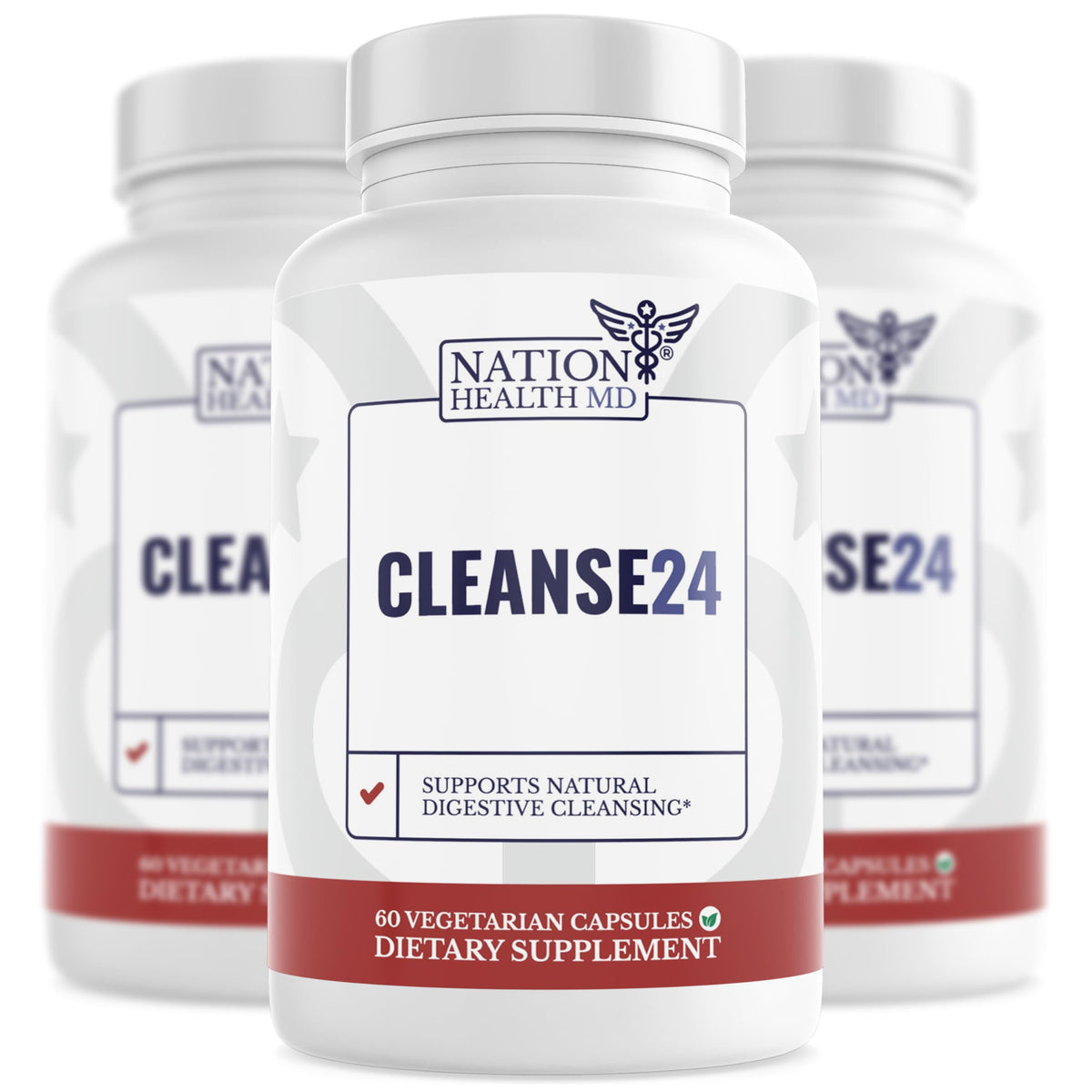 NATION HEALTH MD Cleanse24 bottle pour, convenient digestive support for daily use.