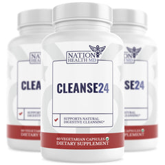 NATION HEALTH MD Cleanse24 bottle pour, convenient digestive support for daily use.