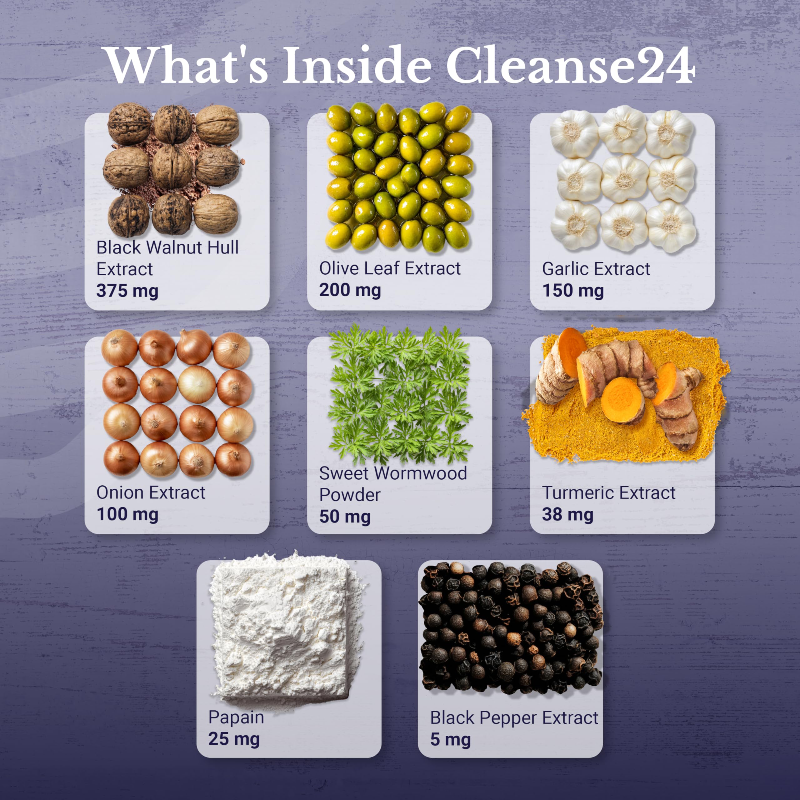 Nation Health MD Cleanse24 label ingredients highlight eight organic elements for gut cleansing.