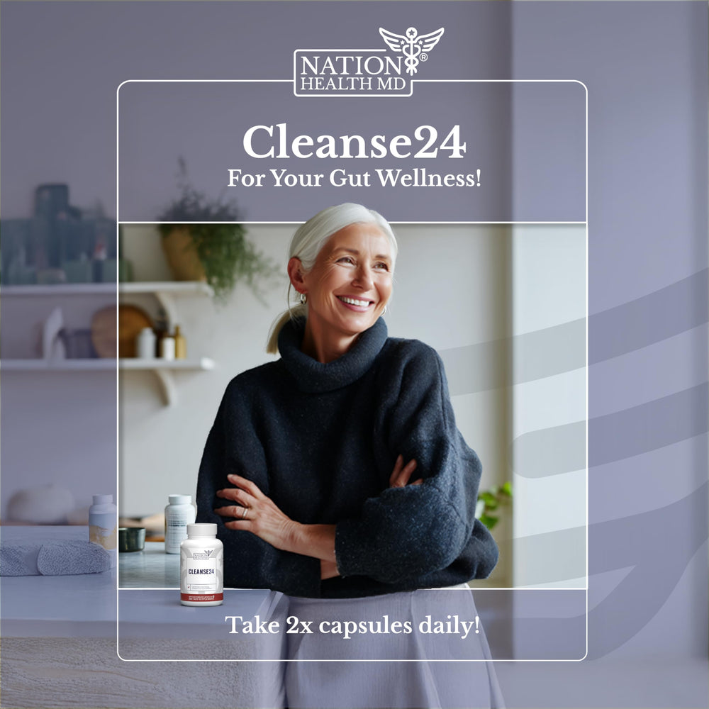 NATION HEALTH MD Cleanse24 USA-made label communicates quality manufacturing.