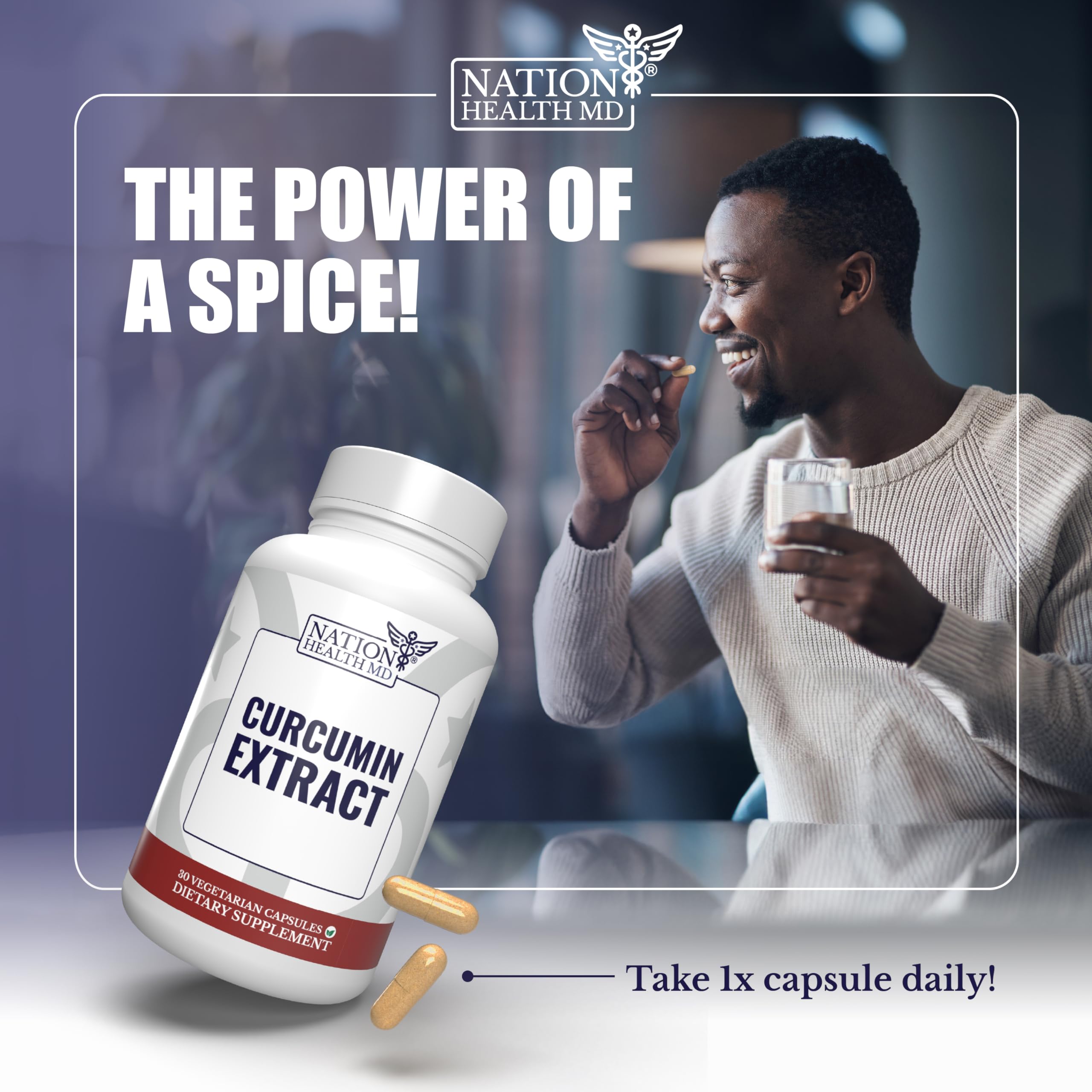 Close-up of Nation Health MD Curcumin Extract capsules for daily use.