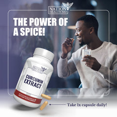 Close-up of Nation Health MD Curcumin Extract capsules for daily use.