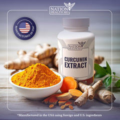 Nation Health MD Curcumin Extract turmeric powder close-up shows natural hue.
