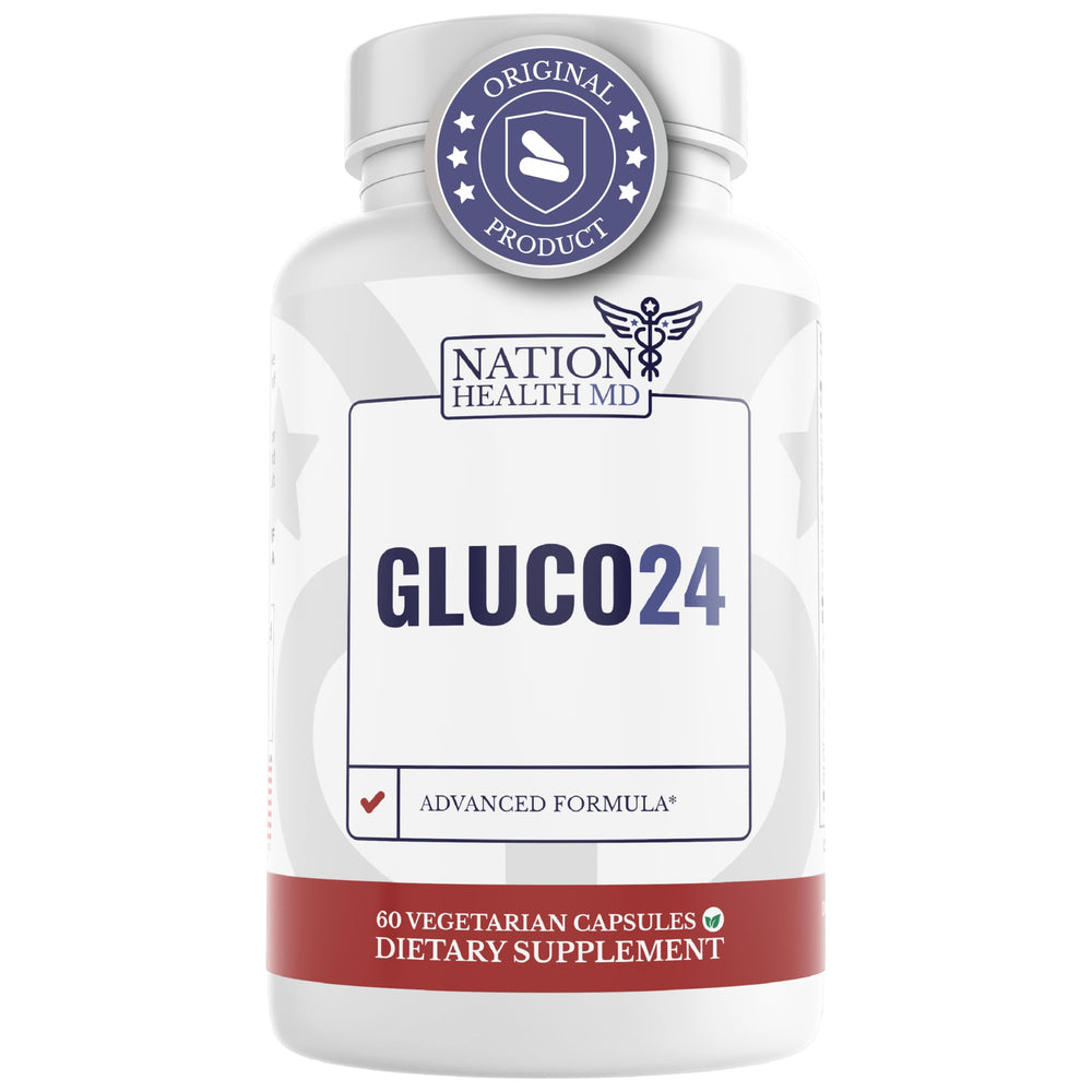 Nation Health MD Gluco24 bottle label with cinnamon-infused formula for steady energy