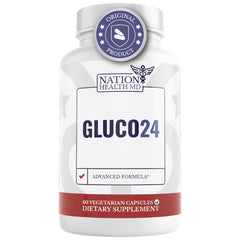 Nation Health MD Gluco24 bottle label with cinnamon-infused formula for steady energy