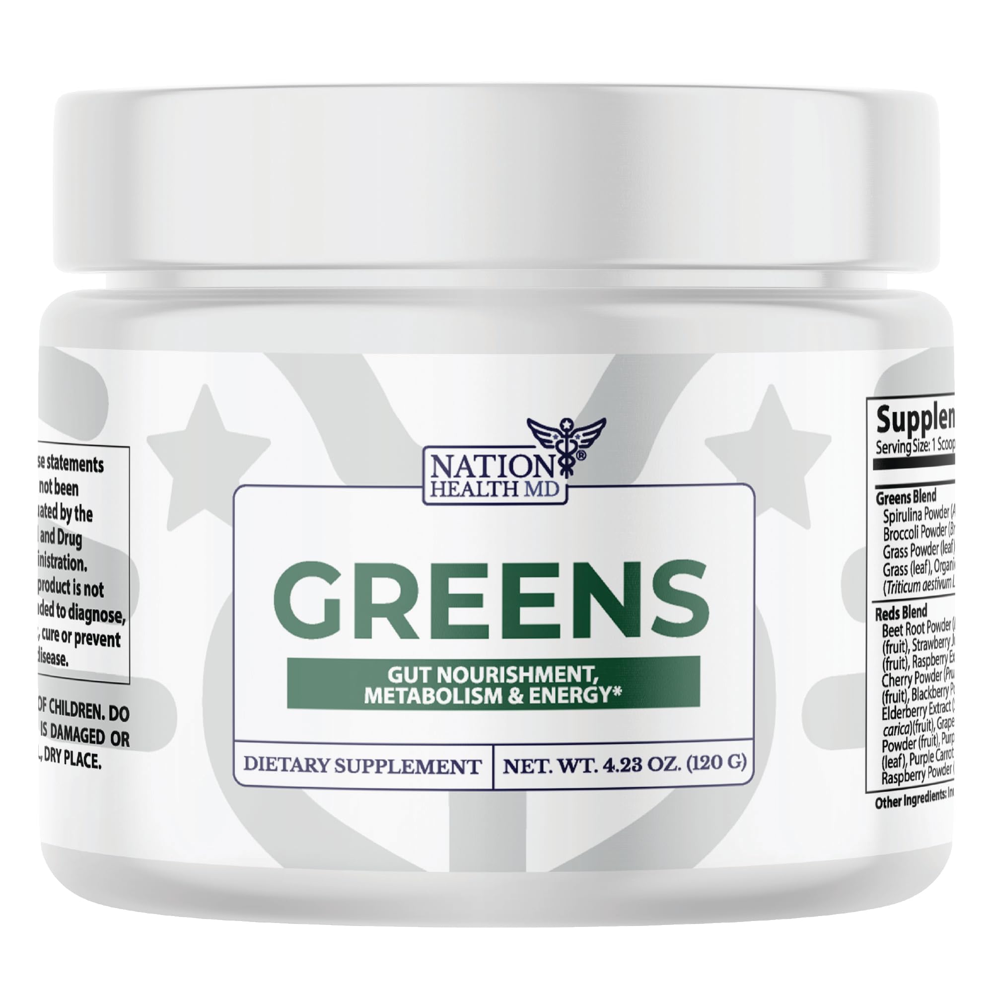 Nation Health MD Greens bottle front showing organic greens for daily wellness