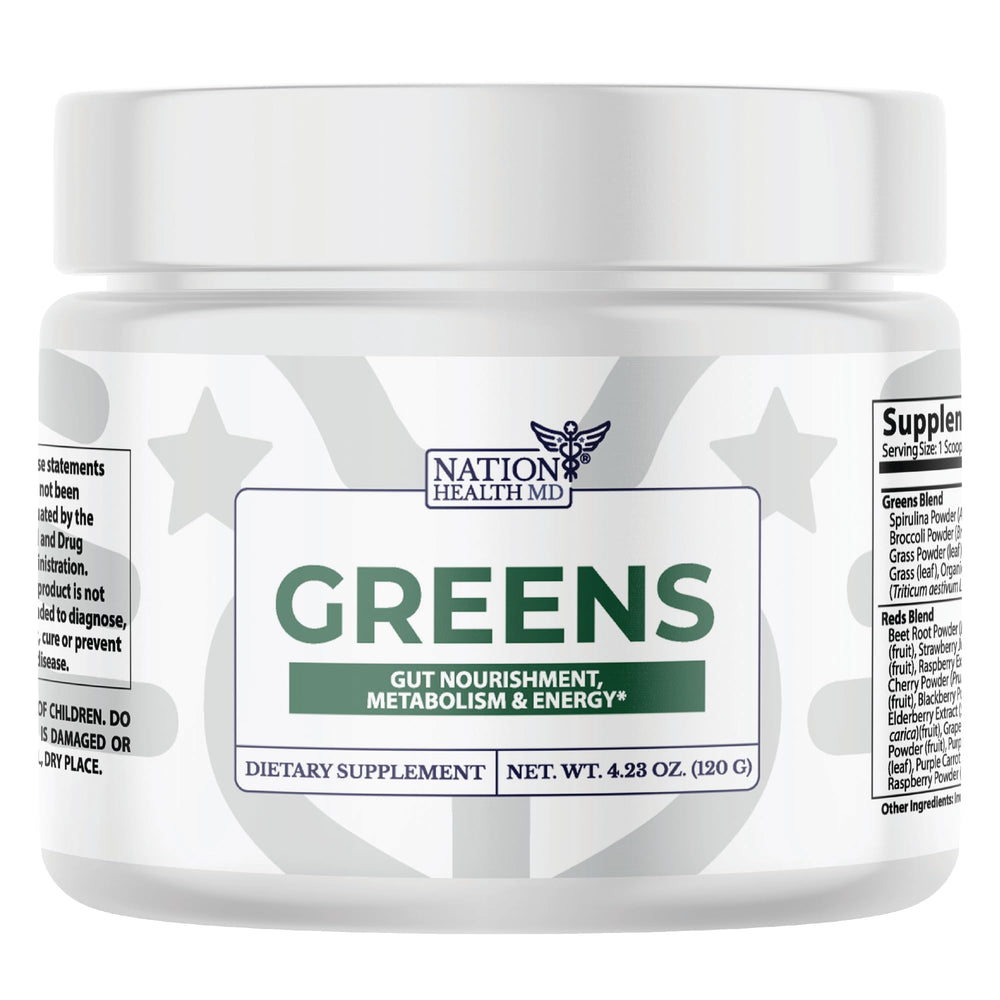 Nation Health MD Greens bottle front showing organic greens for daily wellness