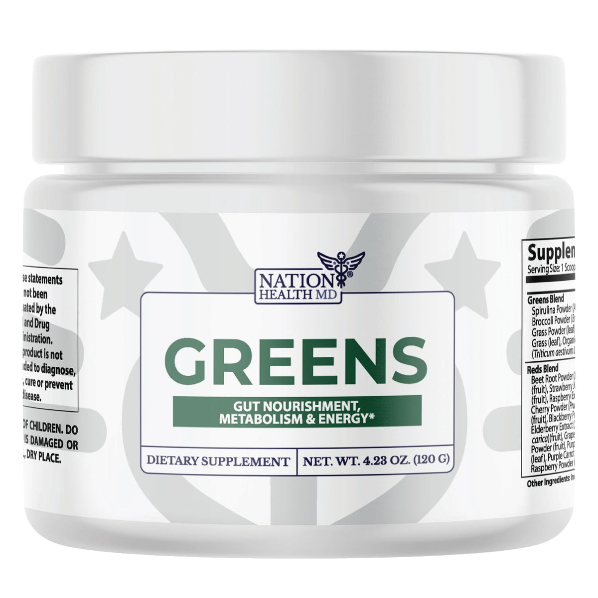 Nation Health MD Greens bottle front showing organic greens for daily wellness