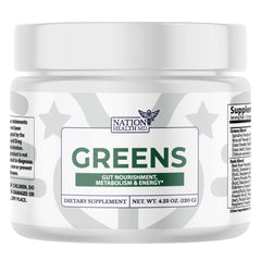 Nation Health MD Greens bottle front showing organic greens for daily wellness