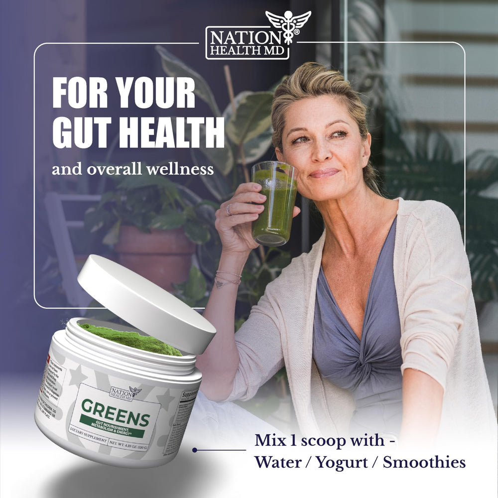 Nation Health MD Greens featuring spirulina and chlorella blend for antioxidant support
