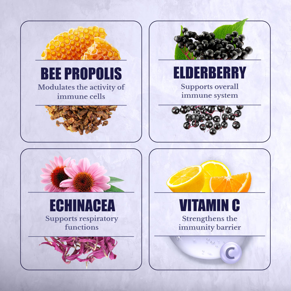 Visual of elderberry and vitamins representing core nutrients for immunity