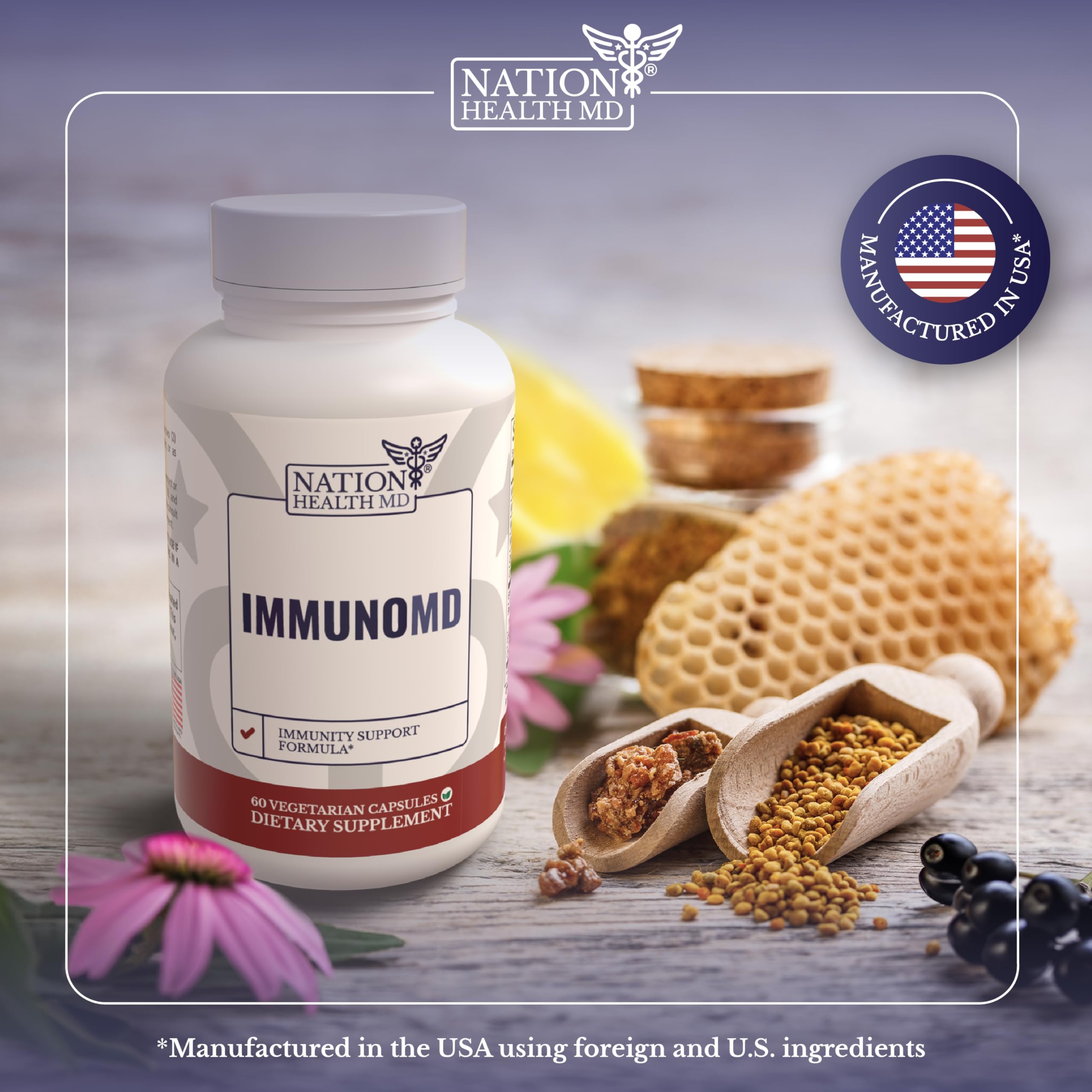 Immuno MD bottle label details with elderberry zinc and key vitamins