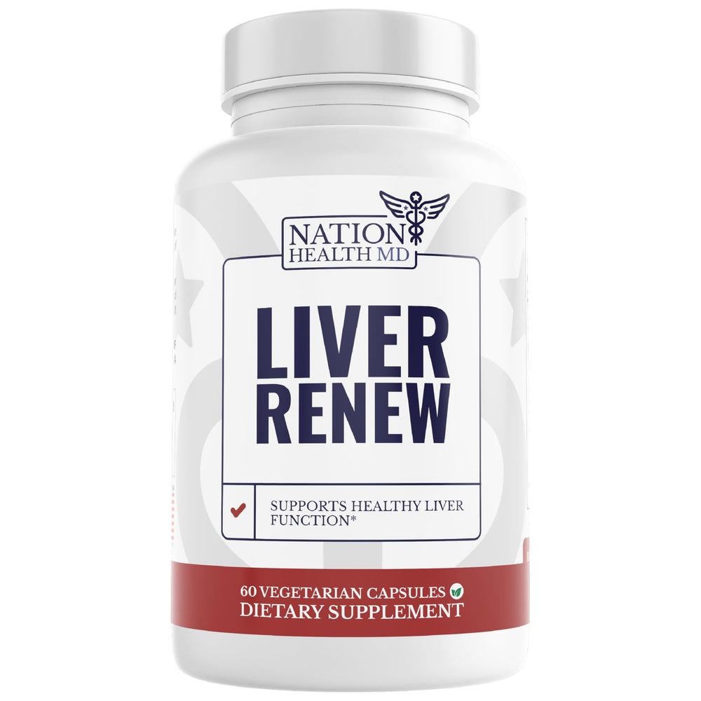 Nation Health MD Liver Renew bottle front view signaling liver support on busy days