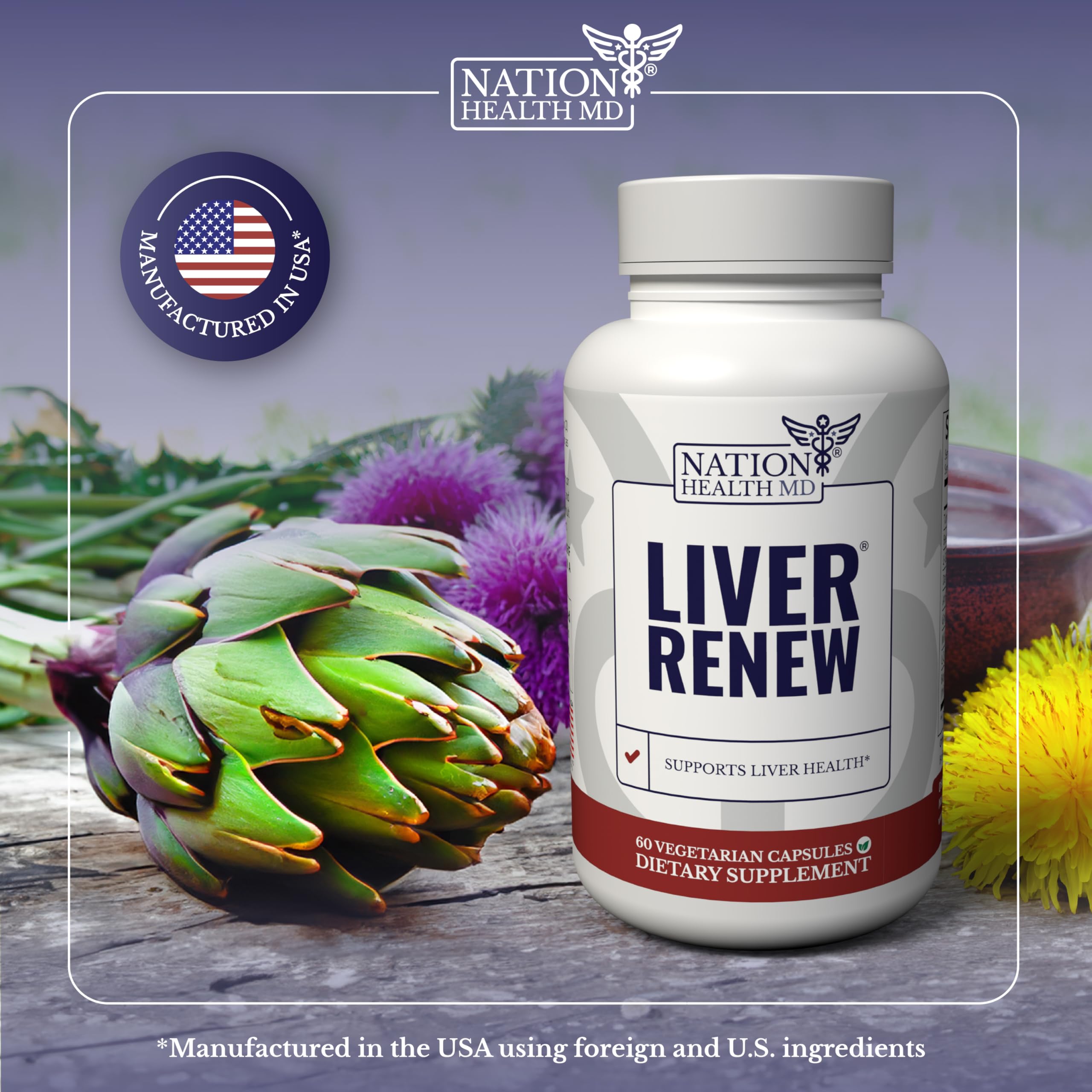 Nation Health MD Liver Renew milk thistle herb image implying liver health benefits.