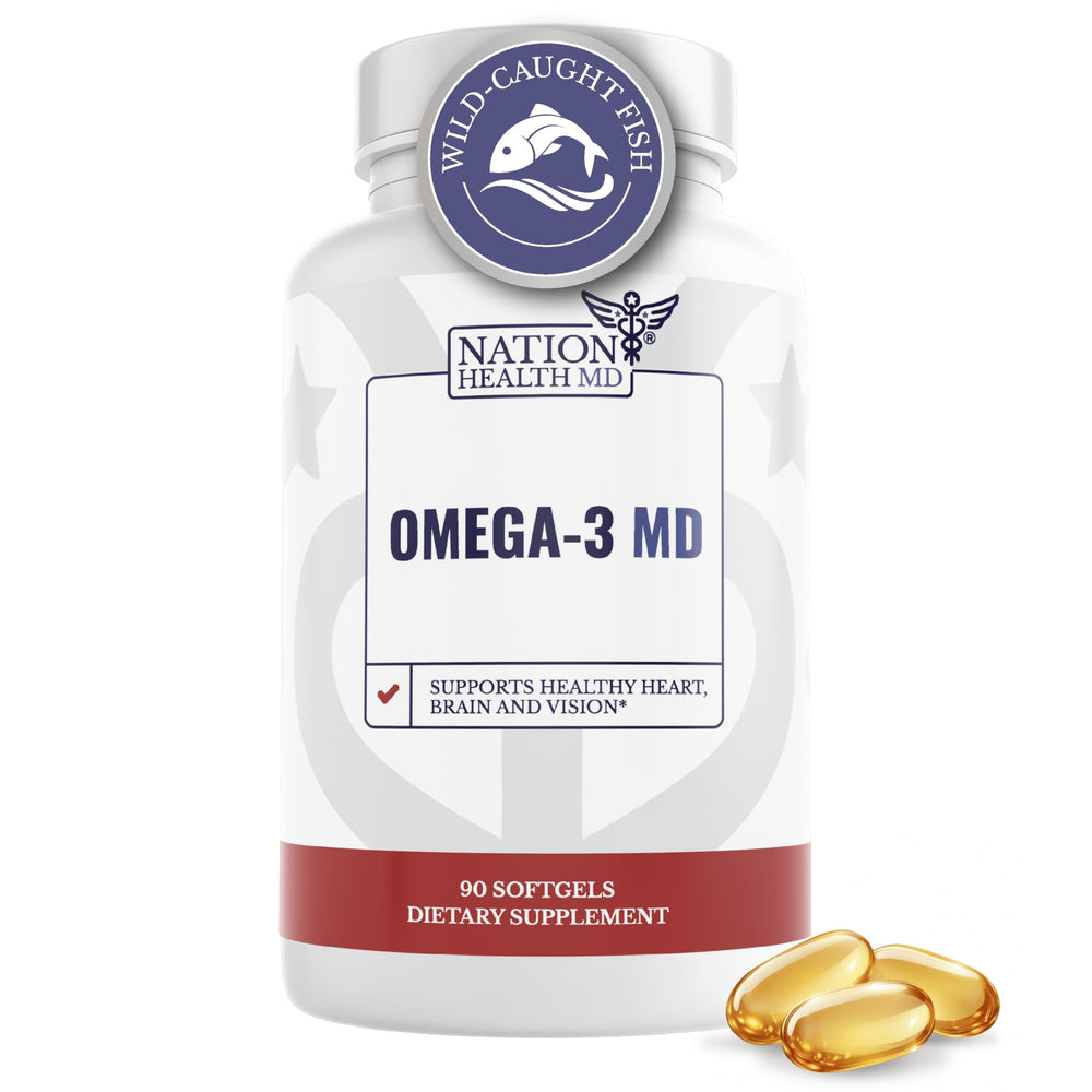 Nation Health MD Omega-3 MD fish oil bottle with 90 softgels for daily support.
