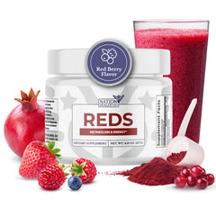 Nation Health MD Reds bottle with scoop on counter for daily nutrition.