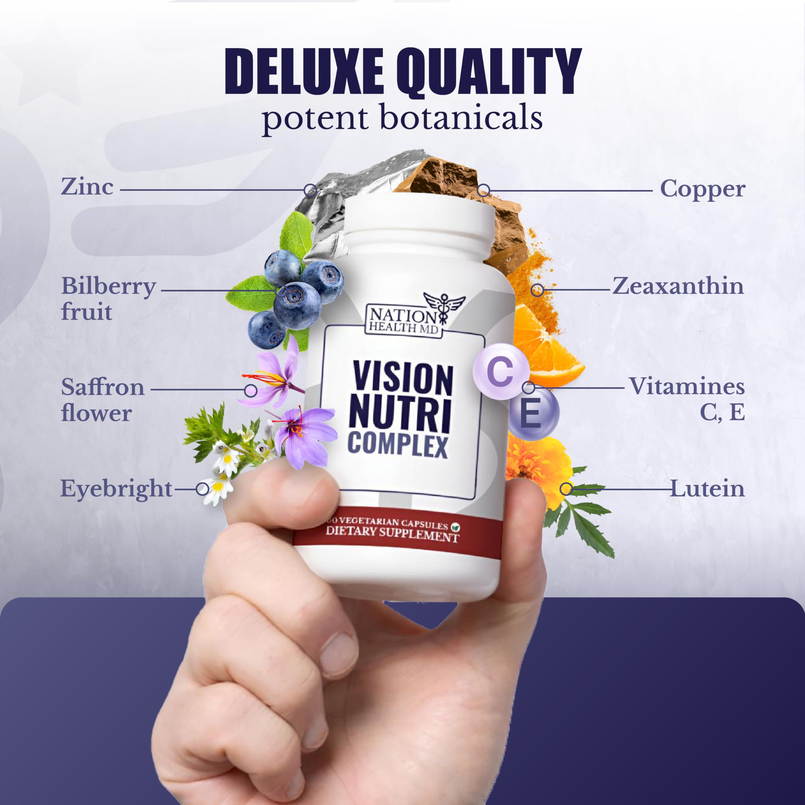 Label highlights lutein and bilberry blend for eye wellness.
