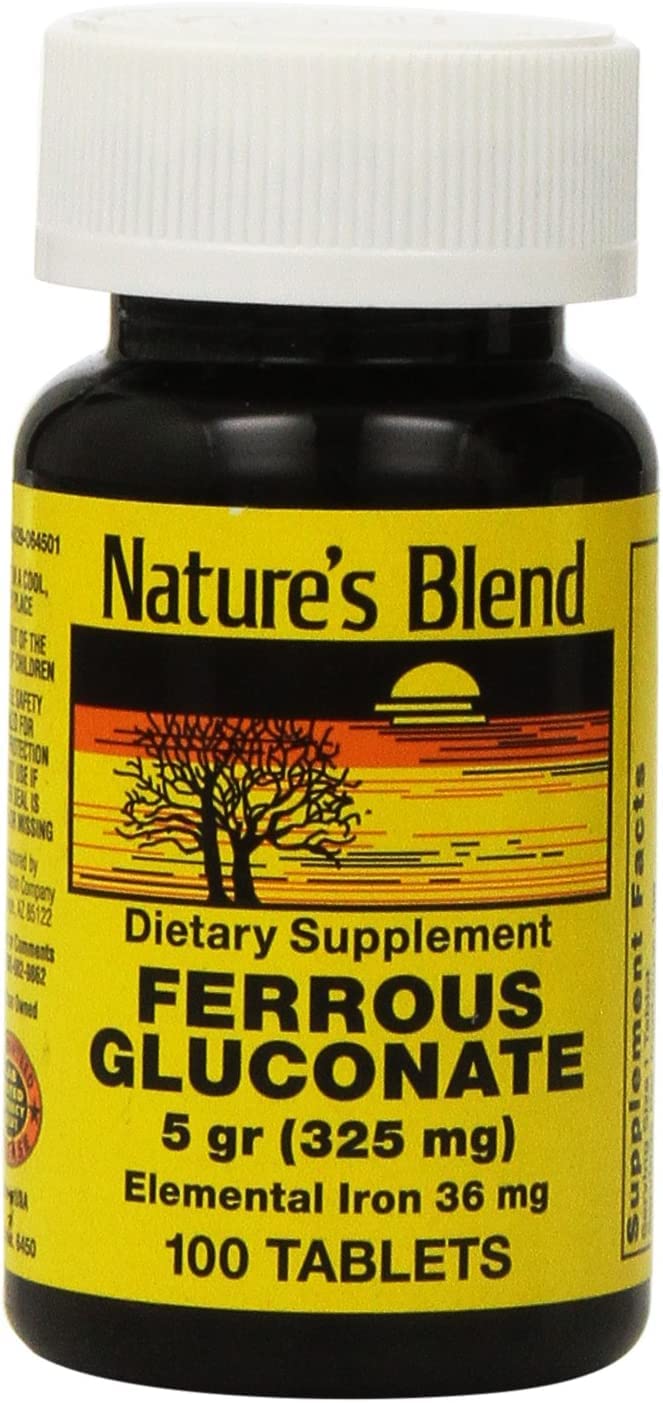 Nature's Blend ferrous gluconate tablets pouring from bottle for easy use
